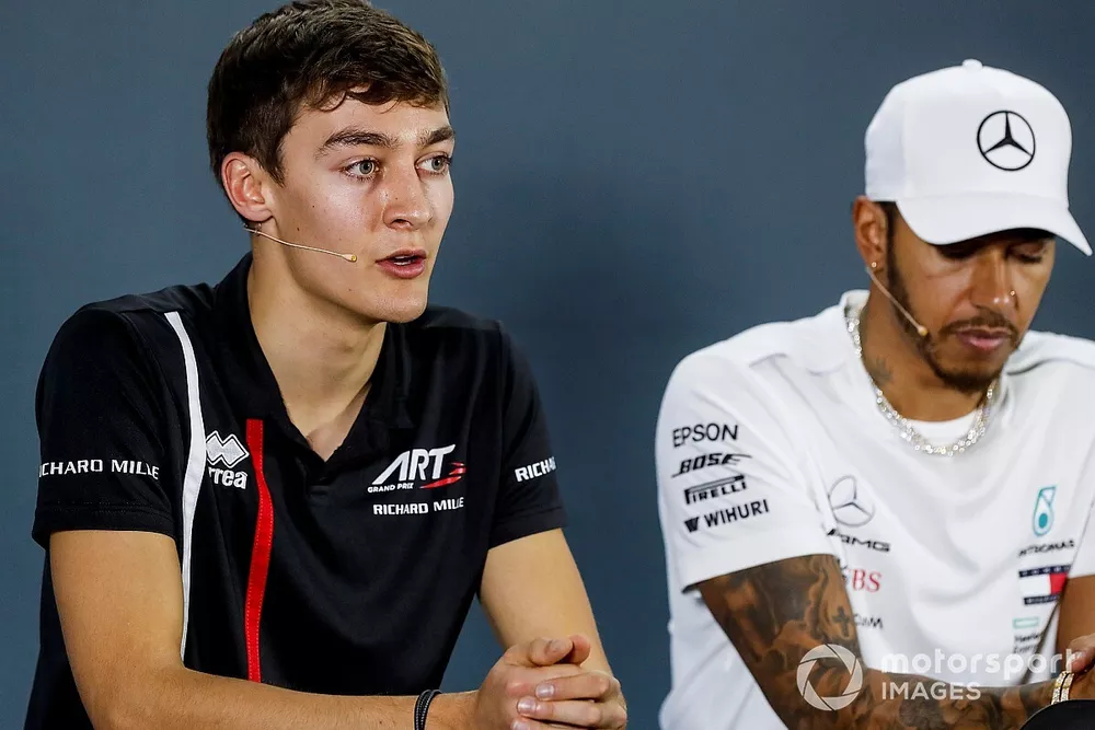George Russell, Williams Racing and Lewis Hamilton, Mercedes AMG F1 in the press conference