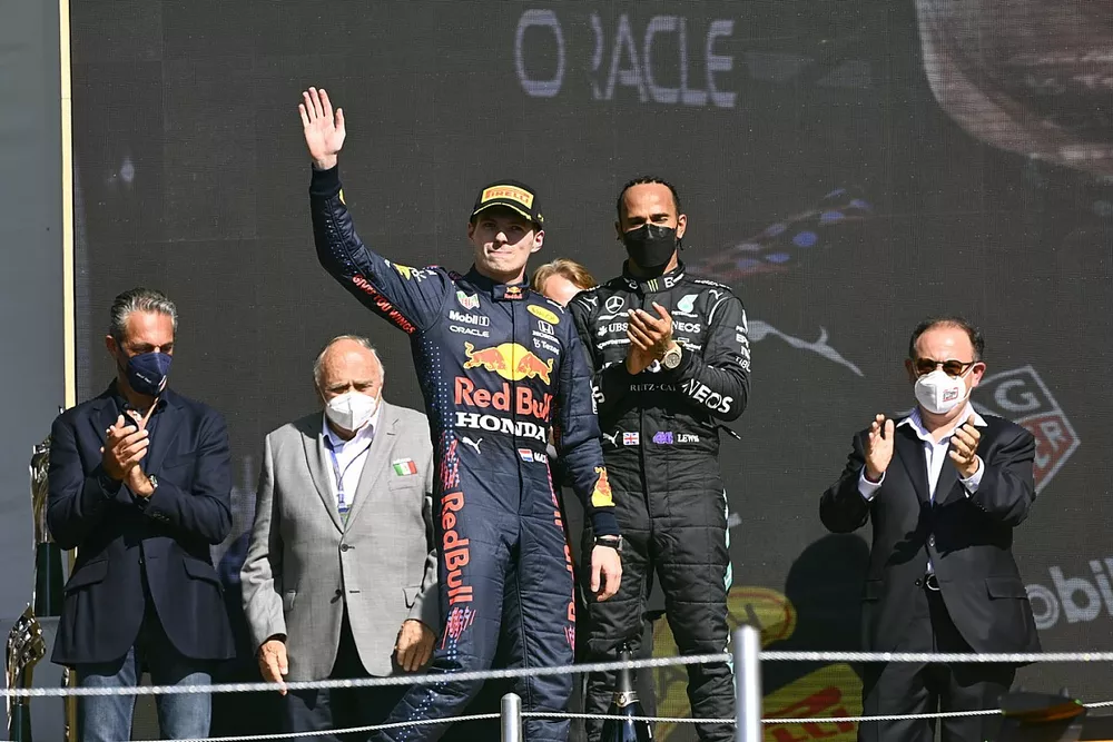 Max Verstappen, Red Bull Racing, 1st position, arrives on the podium
