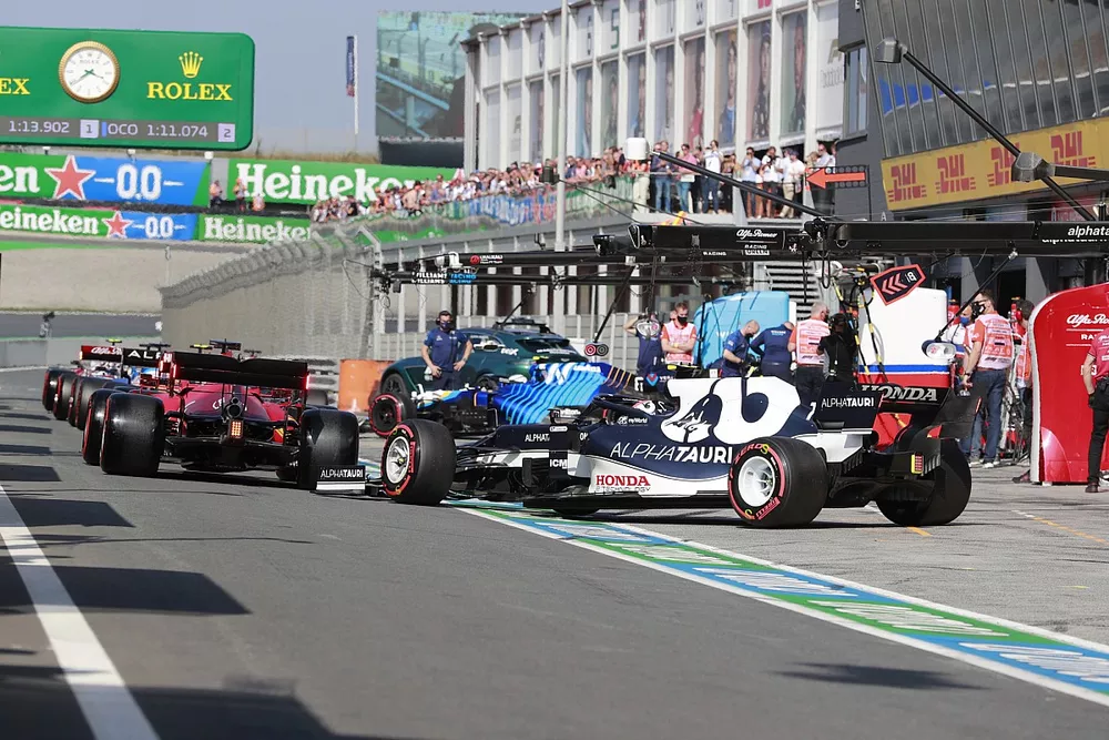 Pierre Gasly, AlphaTauri AT02, in the pit lane