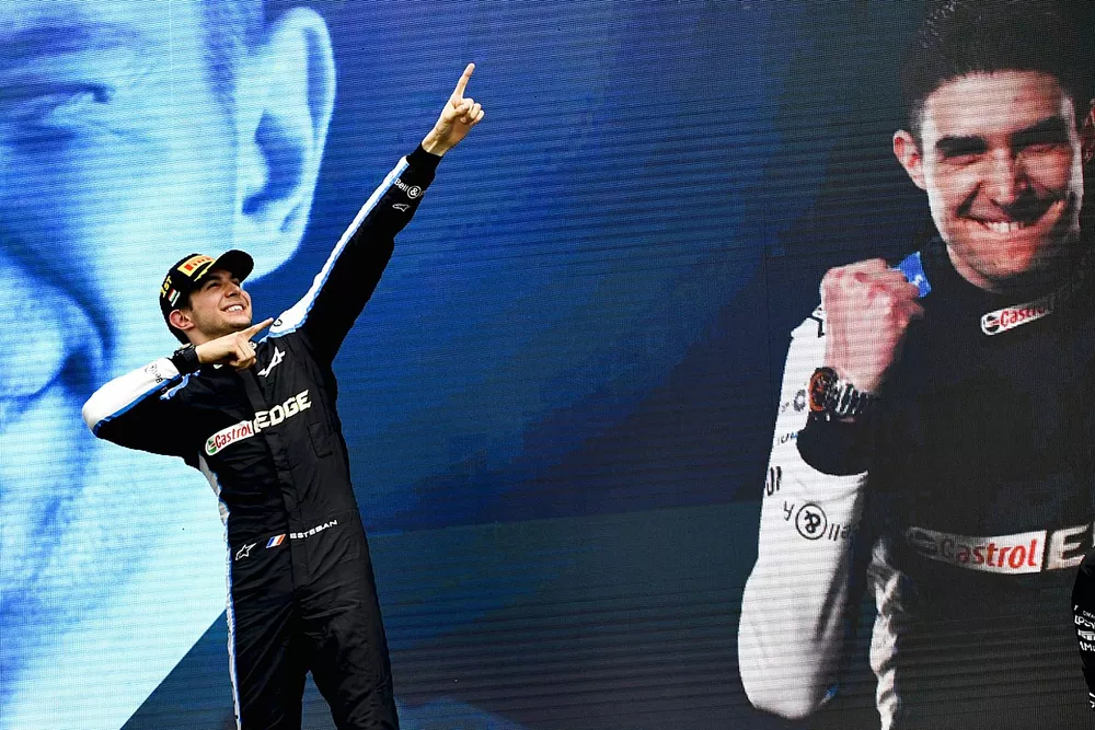 Esteban Ocon, Alpine F1, celebrates on the podium