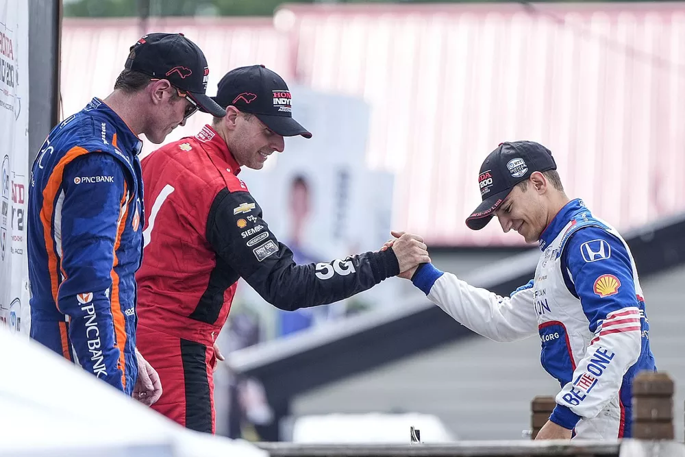 Alex Palou, Chip Ganassi Racing Honda, podium, Will Power, Team Penske Chevrolet, Scott Dixon, Chip Ganassi Racing Honda