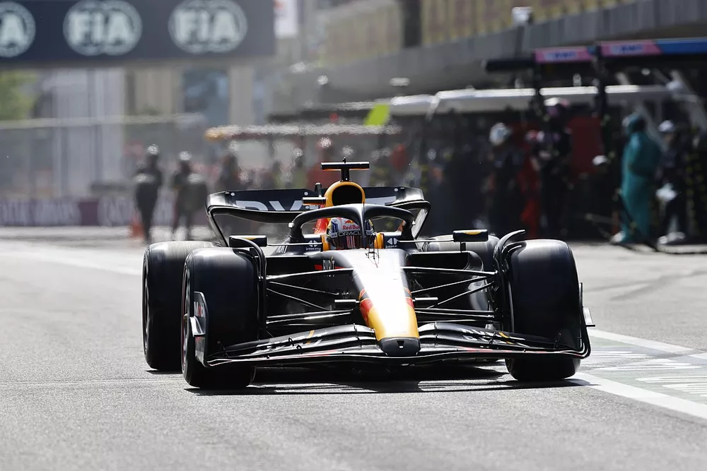 Max Verstappen, Red Bull Racing RB19, in the pit lane