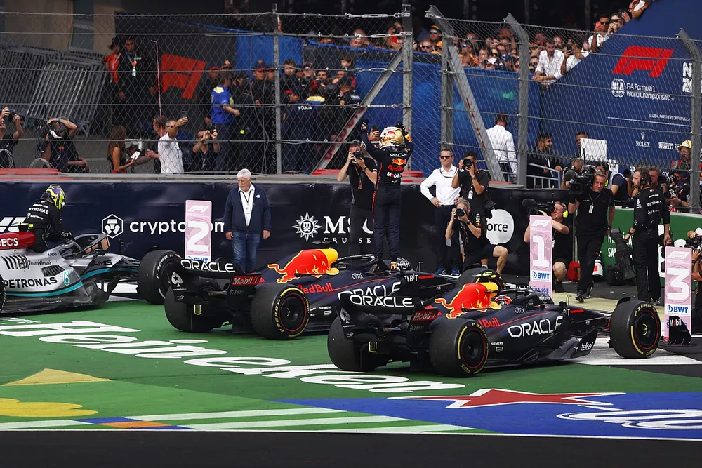 Max Verstappen, Red Bull Racing, 1st position, celebrates on arrival in Parc Ferme