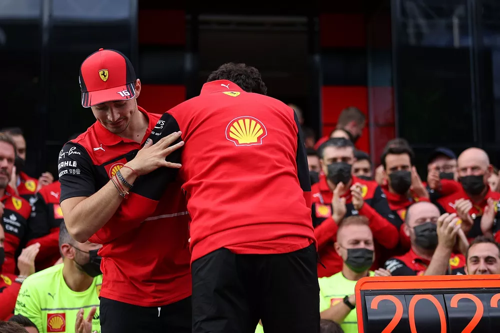 Charles Leclerc, Ferrari, 1st position, Mattia Binotto, Team Principal, Ferrari, the Ferrari team celebrate victory