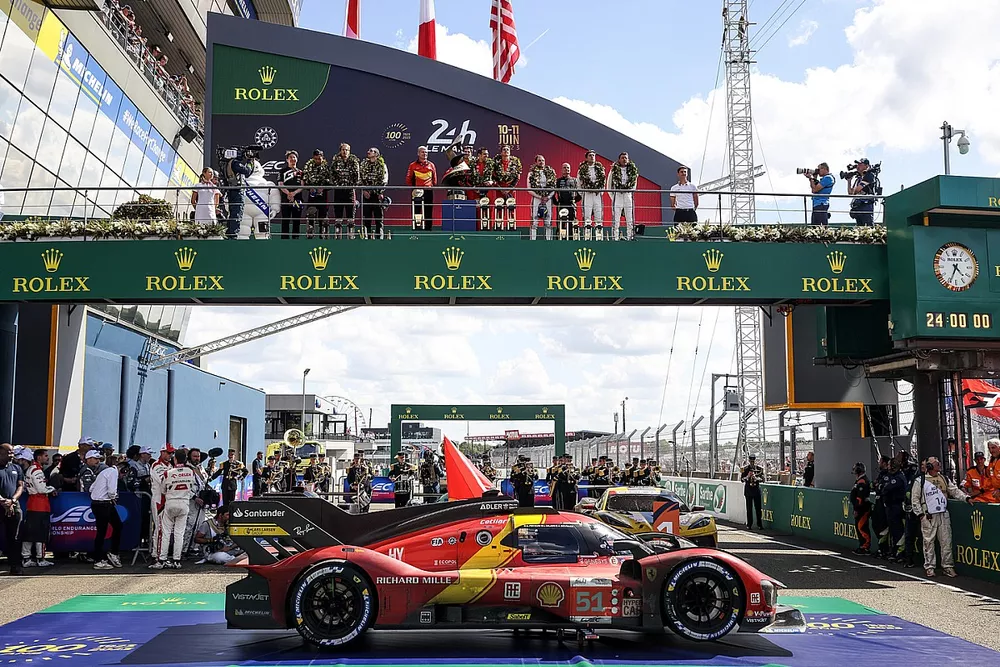 Hypercar podium: #8 Toyota Gazoo Racing Toyota GR010 - Hybrid of Sebastien Buemi, Brendon Hartley, Ryo Hirakawa, #51 Ferrari AF Corse Ferrari 499P of Alessandro Pier Guidi, James Calado, Antonio Giovinazzi, #2 Cadillac Racing Cadillac V-Series.R of Earl Bamber, Alex Lynn, Richard Westbrook