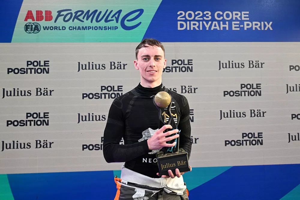 Jake Hughes, McLaren, with his Julius Baer pole position award