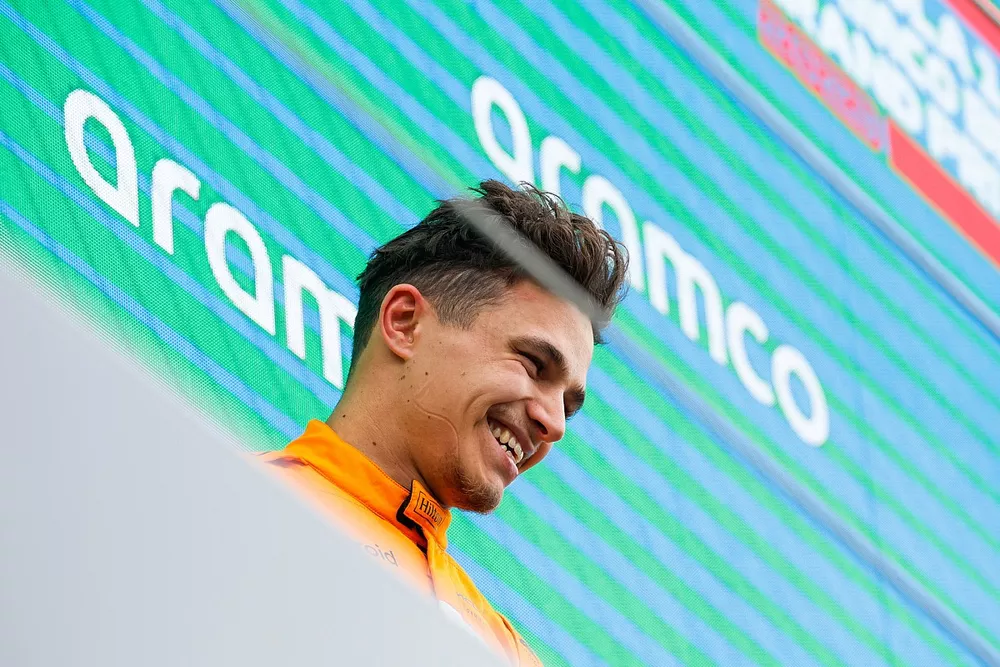 Lando Norris, McLaren, 2nd position, celebrates on the podium
