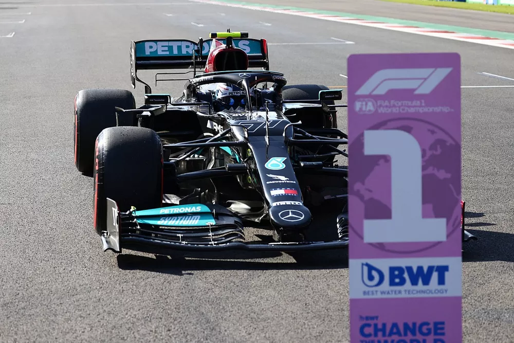 Pole man Valtteri Bottas, Mercedes W12, arrives in Parc Ferme