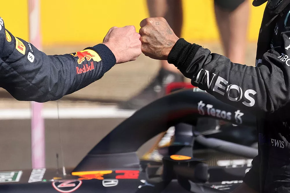 Max Verstappen, Red Bull Racing, 1st position, and Lewis Hamilton, Mercedes, 2nd position, congratulate each other after the Sprint race