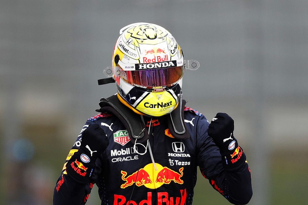 Max Verstappen, Red Bull Racing, 1st position, celebrates in Parc Ferme