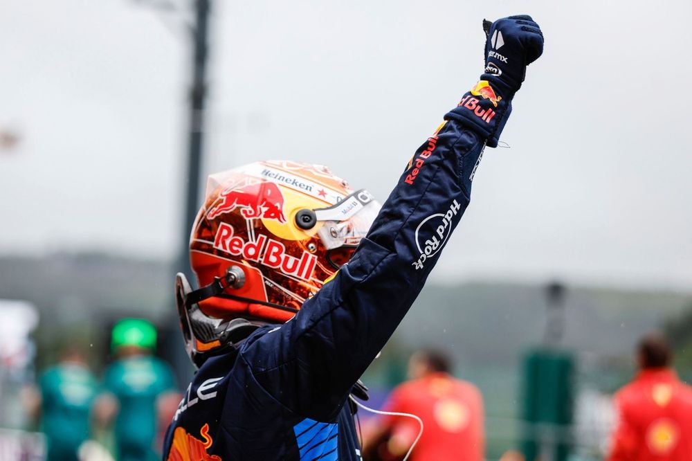 Max Verstappen, Red Bull Racing, celebrates in Parc Ferme after securing pole