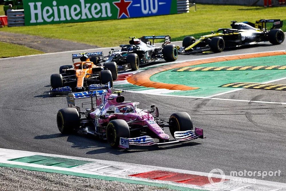Lance Stroll, Racing Point RP20, Lando Norris, McLaren MCL35, and Valtteri Bottas, Mercedes F1 W11