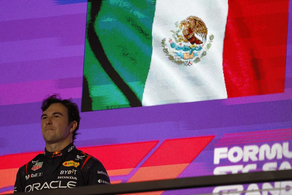 Sergio Perez, Red Bull Racing, 1st position, on the podium