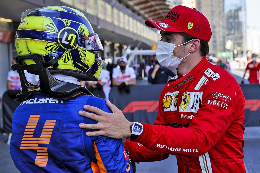 Polesitter Charles Leclerc, Ferrari with Lando Norris, McLaren