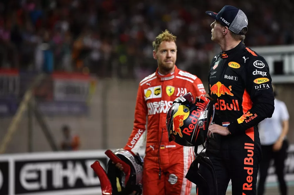 Sebastian Vettel, Ferrari y Max Verstappen, Red Bull Racing celebran Parc Ferme 