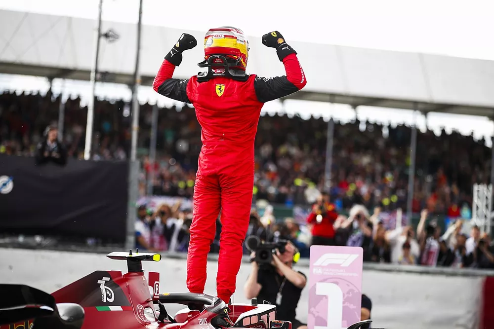 Carlos Sainz, Ferrari, 1st position, celebrates on arrival in Parc Ferme