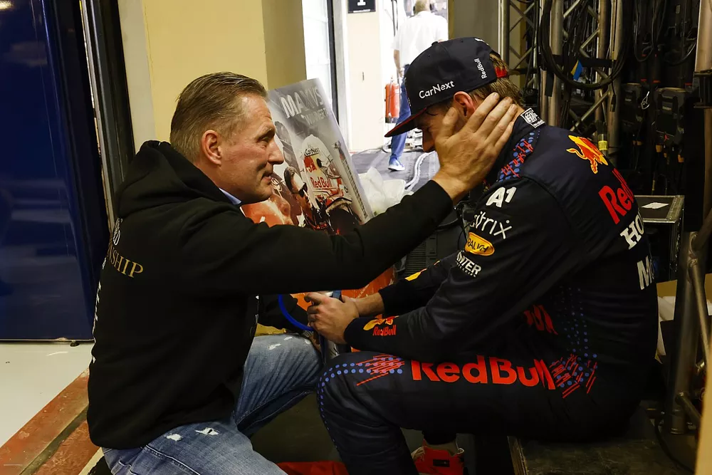 Max Verstappen, Red Bull Racing, 1st position, with his father Jos Verstappen after the race