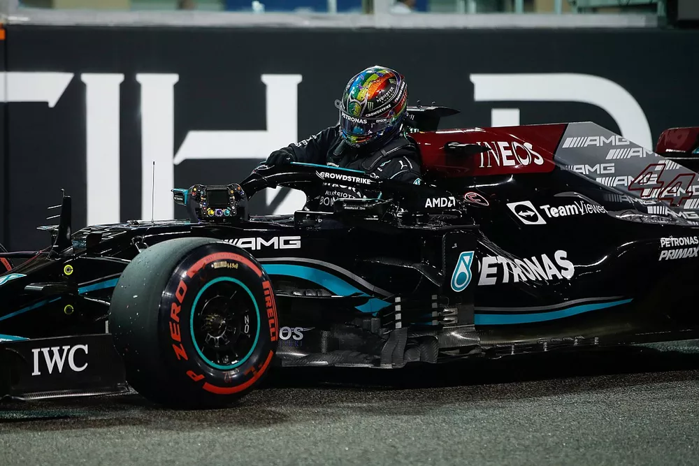 Lewis Hamilton, Mercedes W12, arrives on the grid after Qualifying