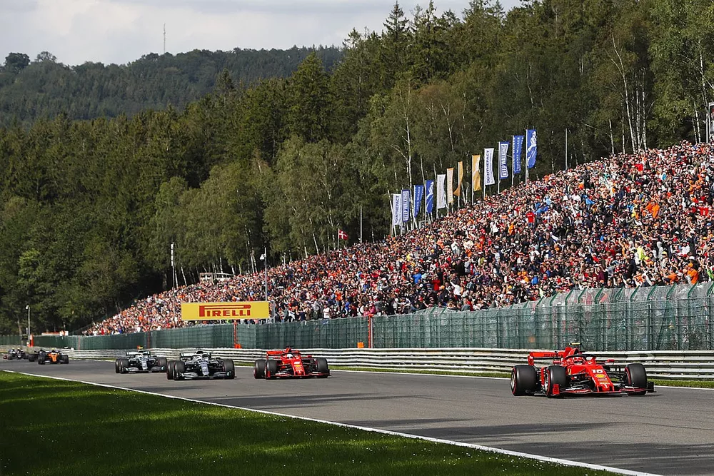 Charles Leclerc, Ferrari SF90, leads Sebastian Vettel, Ferrari SF90, Lewis Hamilton, Mercedes AMG F1 W10 and Valtteri Bottas, Mercedes AMG W10 