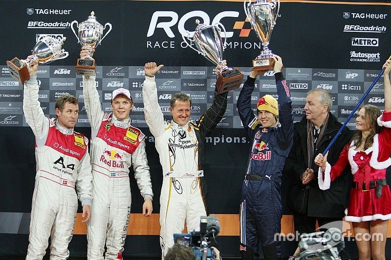 Podio: los ganadores de la Copa de las Naciones ROC 2008, Michael Schumacher y Sebastian Vettel (Equipo de Alemania) celebran juntos