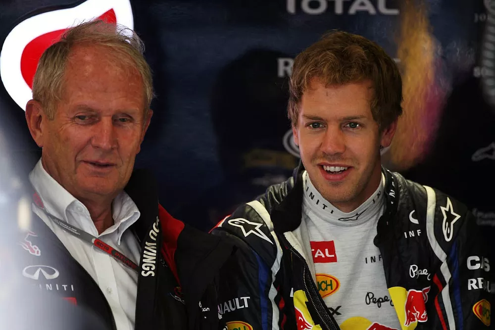 Dr Helmut Marko, Red Bull Motorsport Consultant with Sebastian Vettel, Red Bull Racing