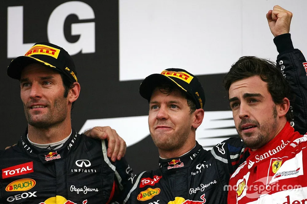 Mark Webber, Red Bull Racing, Sebastian Vettel, Red Bull Racing y Fernando Alonso, Scuderia Ferrari