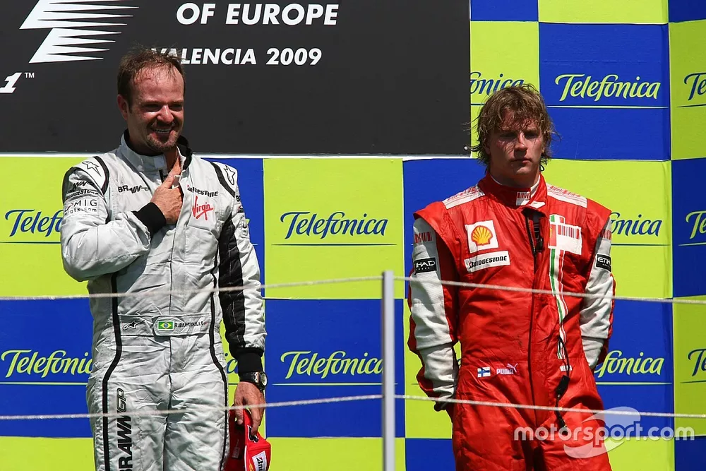 Podium: race winner Rubens Barrichello, BrawnGP, third place Kimi Raikkonen, Scuderia Ferrari