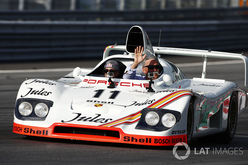 Chase Carey, Chairman, Formula One, rides in a 1981 Porsche 936 racer driven by Neel Jani