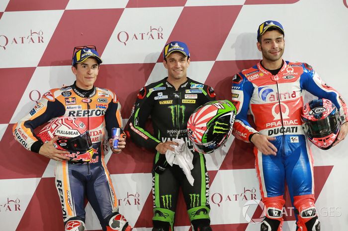 Los 3 mejores después de la calificación: Marc Marquez, Repsol Honda Team, Johann Zarco, Monster Yamaha Tech 3, Danilo Petrucci, Pramac Racing
