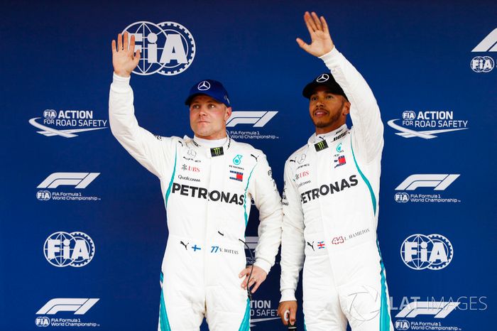 Lewis Hamilton, Mercedes AMG F1, celebrates pole position with Valtteri Bottas, Mercedes AMG F1