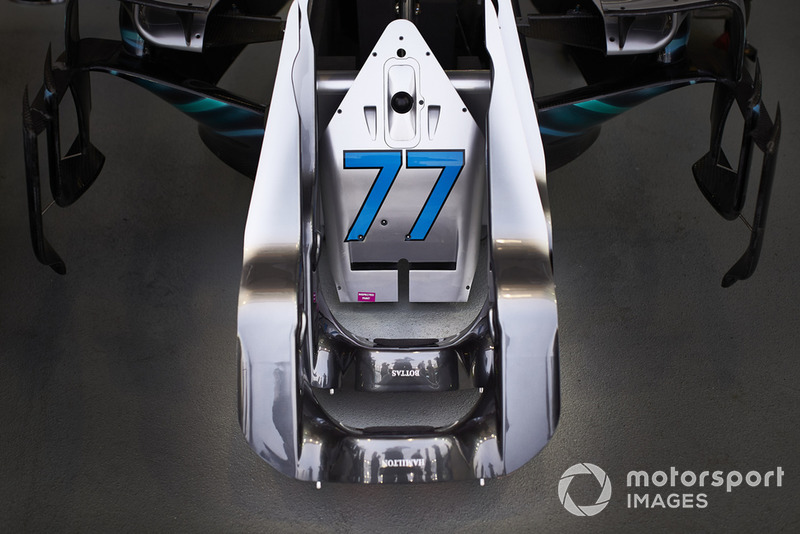 The number 77 of Valtteri Bottas, Mercedes AMG F1, on a piece of bodywork