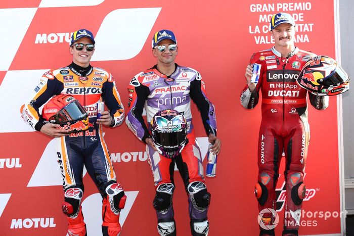 Top3 de la clasificación: segundo Marc Márquez, Repsol Honda Team, ganador de la pole Jorge Martin, Pramac Racing , tercero  Jack Miller, Ducati Team