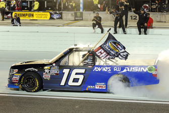 Brett Moffitt, Hattori Racing Enterprises, Toyota Tundra AISIN Group celebrates his win with a burnout