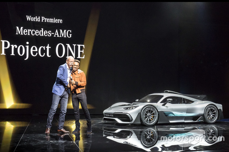 Dr. Dieter Zetsche, Chairman of the Board of Management of Daimler AG and Head of Mercedes-Benz Cars, Lewis Hamilton, present the show car Mercedes-AMG Project ONE