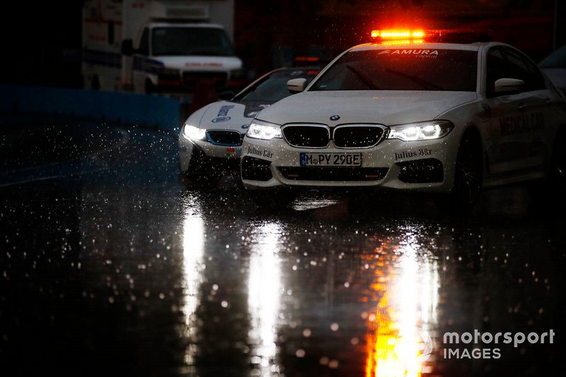 The medical car ventures out onto the wet track ahead of the Qualcomm BMW i8 Safety car