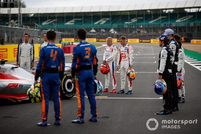 The 2022 Formula 1 car launch event on the Silverstone grid. L-R: George Russell, Williams, Nicholas Latifi, Williams, Lando Norris, McLaren, Daniel Ricciardo, McLaren, Nikita Mazepin, Haas F1, Mick Schumacher, Haas F1, Fernando Alonso, Alpine F1, and Esteban Ocon, Alpine F1