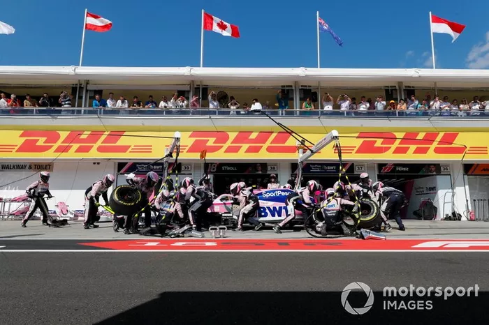 Lance Stroll, Racing Point RP19, makes a pit stop