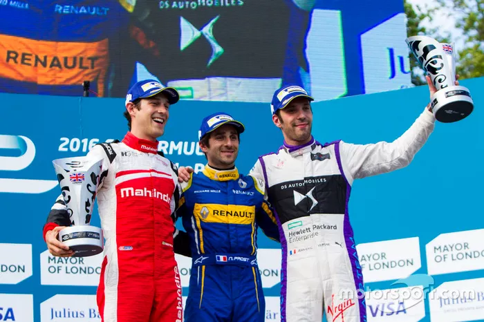 Podium : le vainqueur Nicolas Prost, Renault e.Dams; le deuxième, Bruno Senna, Mahindra Racing; le troisième, Jean-Eric Vergne, DS Virgin Racing