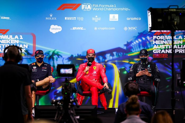 El ganador, Charles Leclerc, Ferrari, Sergio Pérez, Red Bull Racing, George Russell, Mercedes-AMG 