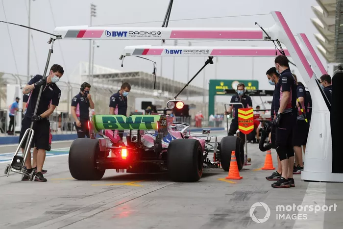 Sergio Perez, Racing Point RP20, in the pit lane