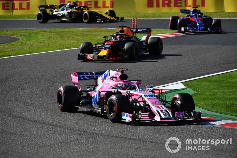Esteban Ocon, Racing Point Force India VJM11, Daniel Ricciardo, Red Bull Racing RB14 y Brendon Hartley, Scuderia Toro Rosso STR13