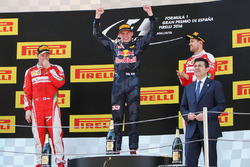 The podium, Ferrari, second; Max Verstappen, Red Bull Racing, race winner; Sebastian Vettel, Ferrari