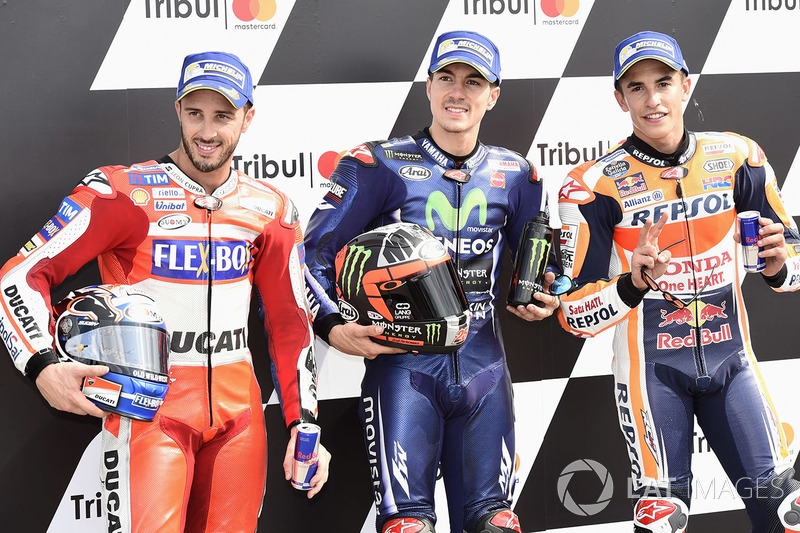 Polesitter Maverick Viñales, Yamaha Factory Racing, second place Andrea Dovizioso, Ducati Team, third place Marc Marquez, Repsol Honda Team