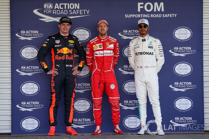 Pole, Sebastian Vettel, Ferrari, segundo, Max Verstappen, Red Bull Racing, tercero, Lewis Hamilton, Mercedes AMG F5