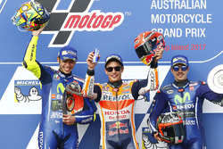 Podium: race winner Marc Marquez, Repsol Honda Team, second place Valentin Rossi, Yamah Factory Racing, third place Maverick Viñales, Yamaha Factory Racing