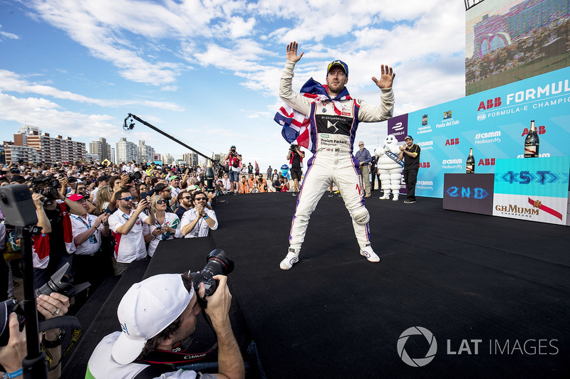 Sam Bird, DS Virgin Racing, celebrates on the podium