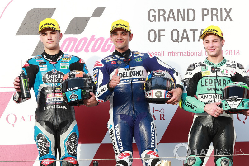Podium: segundo, Aron Canet, Estrella Galicia 0,0, ganador, Jorge Martin, Del Conca Gresini Racing Moto3 tercero, Lorenzo Dalla Porta, Leopard Racing