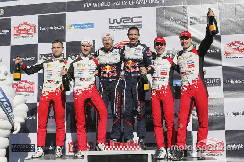 Podio: los ganadores del Rally de MonteCarlo 2018 Sébastien Ogier y Julien Ingrassia, M-Sport Ford, el segundo Ott Tanak, Martin Järveoja, Toyota Gazoo Racing, el tercero Jari-Matti Latvala, Miikka Anttila, Toyota Gazoo Racing