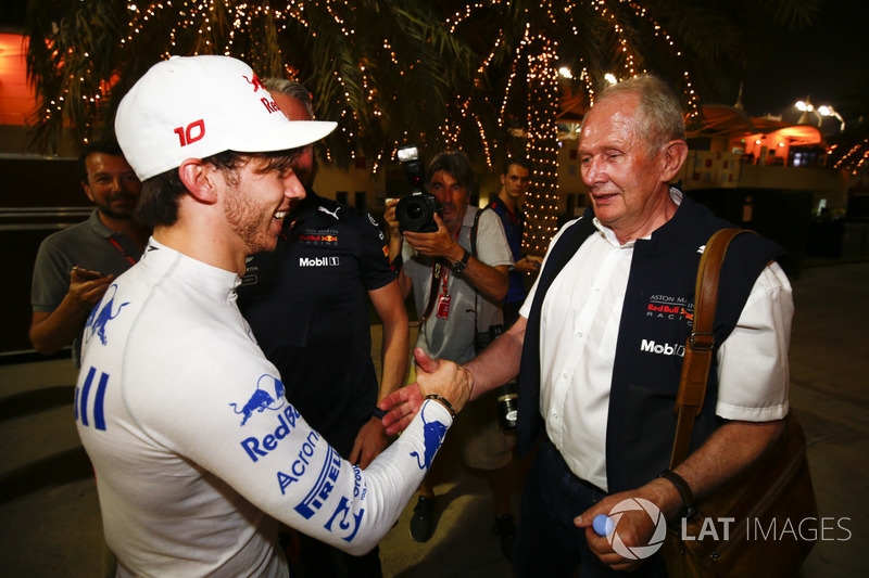 Pierre Gasly, Toro Rosso, is congratulated on a good result by Helmut Markko, Consultant, Red Bull Racing