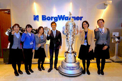 Indy 500 winner Takuma Sato, Andretti Autosport with the Borg-Warner Trophy